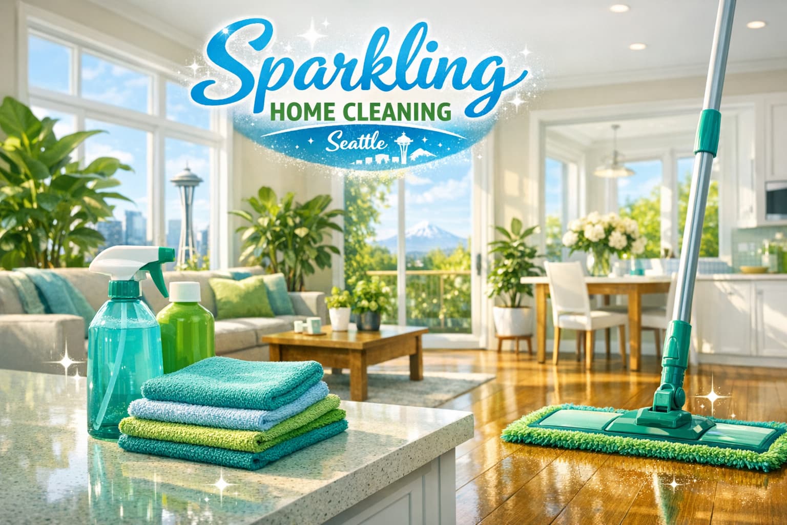 Vibrant Sparkling Home Cleaning promotional image with greens and blues