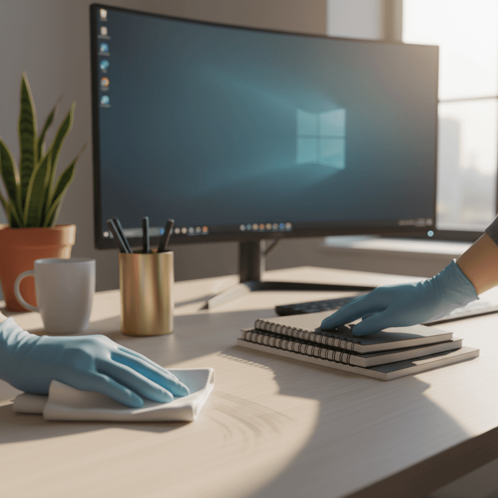 Hands cleaning and organizing office desk surface