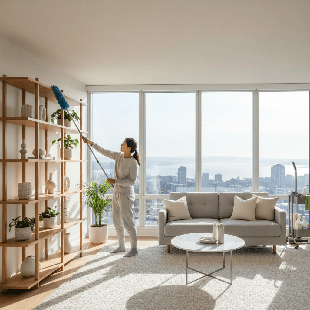 Cleaner dusting shelves in bright, modern apartment