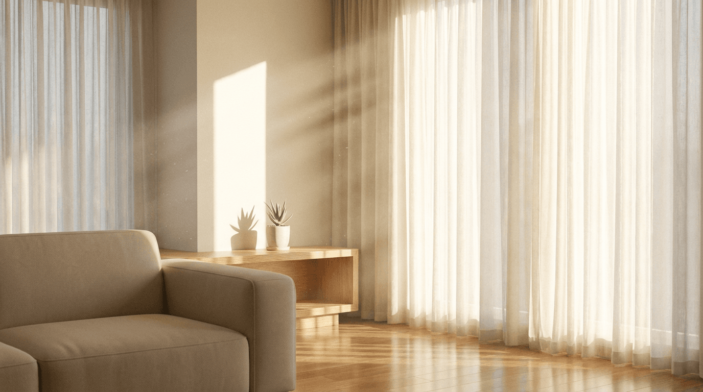 Serene living room corner with sunlit walls, clean furniture, and dancing light rays through window.